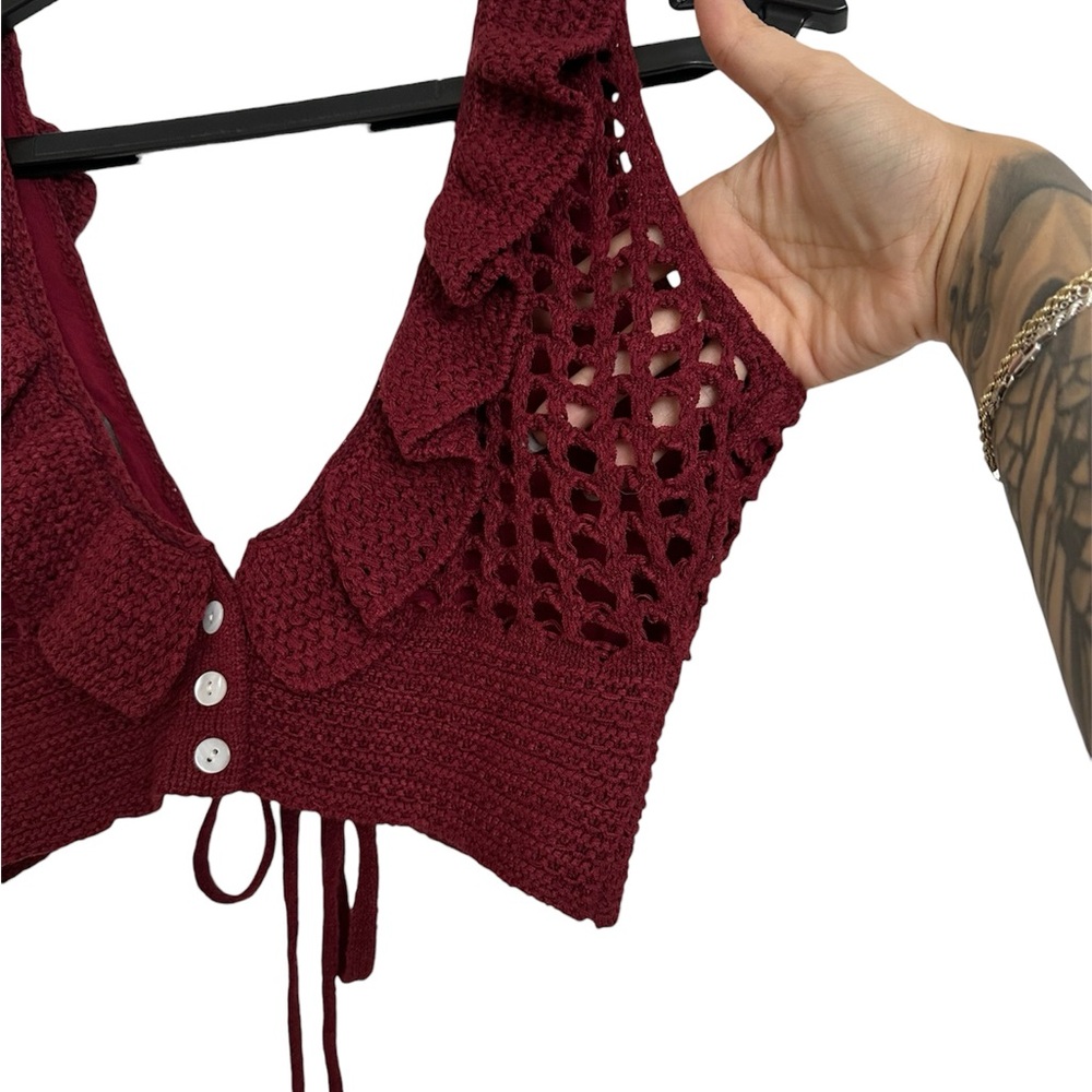 BCBGMaxAzria Wine Red Crochet Crop Top Size S - Picture 5 of 8